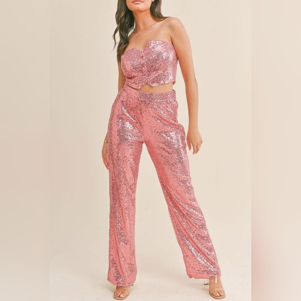 Pink Sequin Strapless Cropt Top And Pant Set